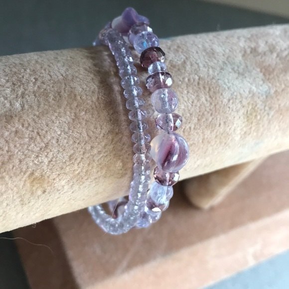 Vintage Handmade Double Strand Bracelet Purple Sterling Silver Clasp 7 Inch - Picture 2 of 8